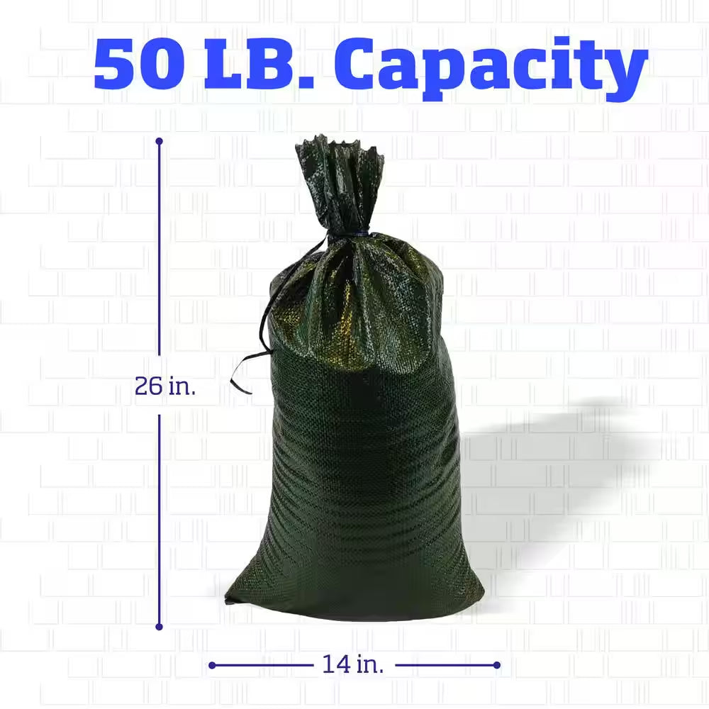 14 In. X 26 In. Green Woven Sand Bags with Tie String (100-Pack)