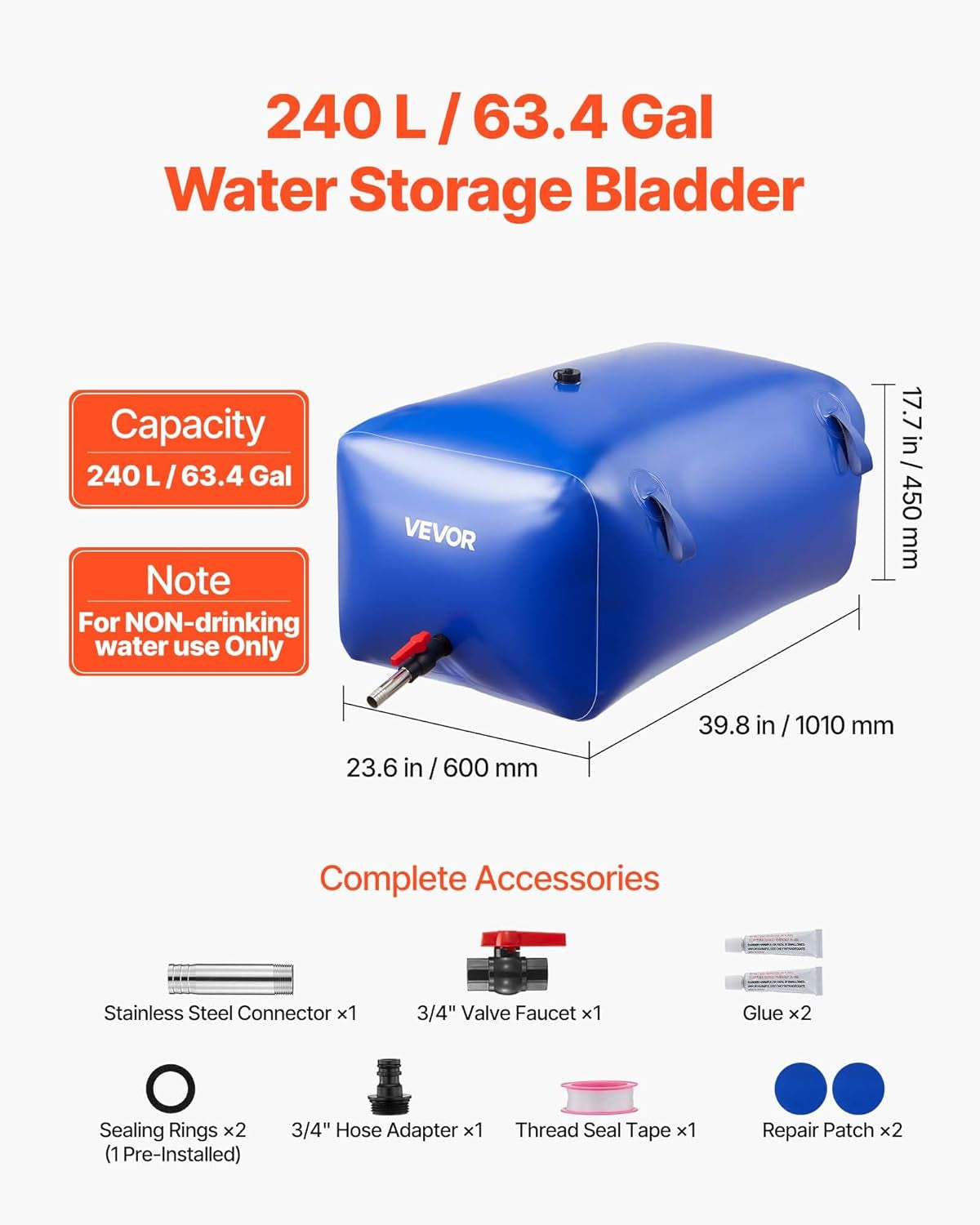 Water Storage Bladder 63.4 Gallon Large Capacity Water Bag Portable & Collapsibl