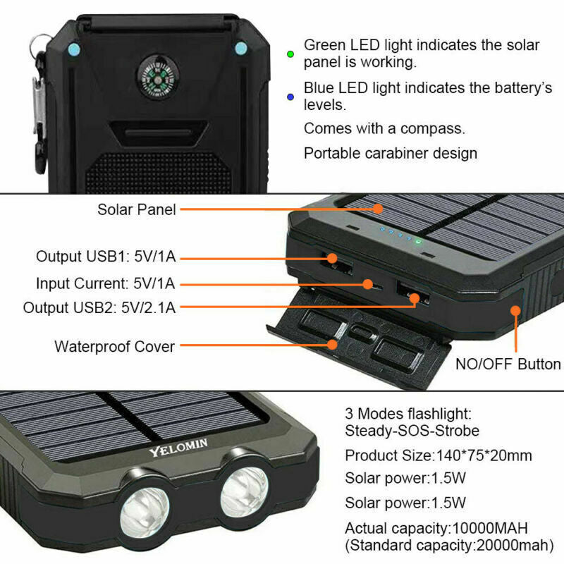 2024 Super Powerful USB Portable Charger Solar Power Bank for Cell Phone